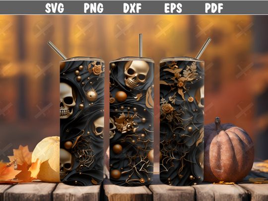 Discover 3D Tumbler Wraps - 3D Halloween Gold Skinny Tumbler Wrap Design - Ideal Tumbler Sublimation Designs Straight & Tapered