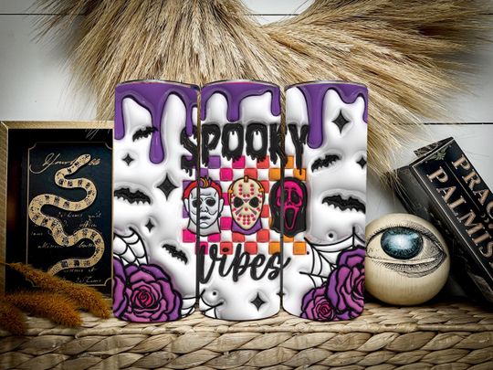 Horror Slasher Inflated Halloween Tumbler,Classic Scary Movie Travel Coffee Mug,Horror Fan Gift,Fall Spooky Vibe,20oz Skinny Tumbler w Straw