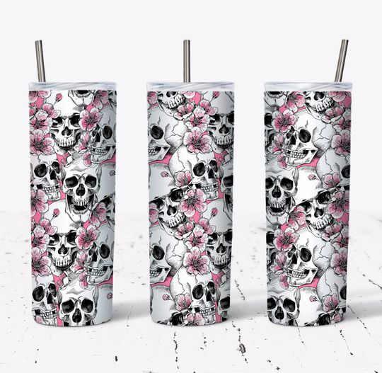 Discover 20 OZ Pink Flowers Skulls Halloween Skinny Tumbler Design - Straight & Tapered Sublimation Wrap Design - Tumbler