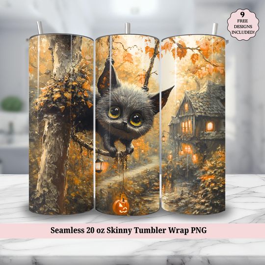 Discover Halloween Tumbler Wrap  , Spooky Bat Haunted House Witchy  , Trendy Autumn Fall 20oz Skinny Tumbler Sublimation Design