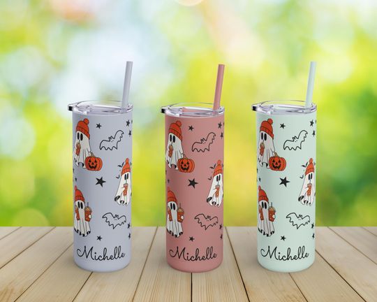 Discover Personalized Halloween Tumbler, Skinny tumbler 20oz, Cute Ghost Halloween Gifts, Custom Name Matte Tumbler, Personalized Gifts Halloween