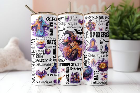 Discover Spooky Season 20 oz Skinny Tumbler Sublimation Design  , Witchy Vibes Halloween Tumbler Wrap