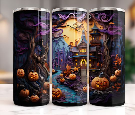 Discover 3D halloween Haunted house 20oz tumbler 20 oz pumpkin Tumbler Wrap  , 3D Tumbler Design Skinny spooky