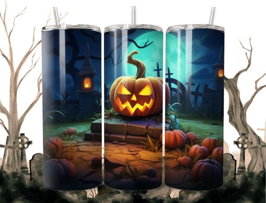 Discover Halloween Pumpkin Graveyard, 20oz Sublimation Tumbler Design, Kid Friendly Halloween Straight/Tapered Tumbler Wrap