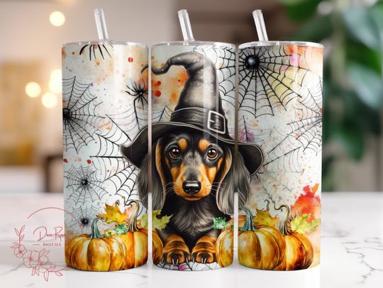 Discover Halloween Doxie Dachshund Tumbler Wrap, Dog Puppy Lover 20 Oz Skinny Sublimation Tumbler Design