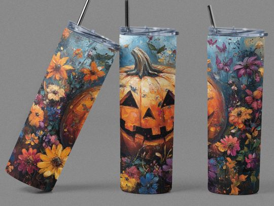 Discover Halloween Pumpkin Colorful Flowers Skinny Tumbler with Straw, 20oz, Halloween Tumblers, Halloween Tumbler, Flower Pumpkin Painting Tumbler