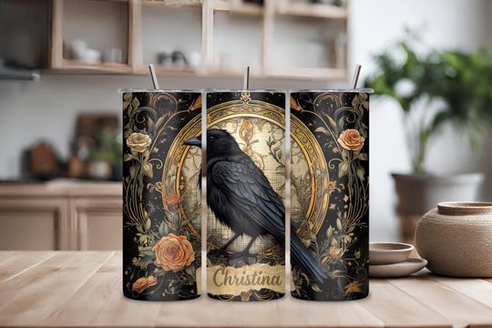 Discover Custom Gothic Raven Tumbler, Personalized Tumbler with Straw, Personalized Halloween Tumbler, Whimsigoth, Custom Halloween Tumbler, Crow Mug