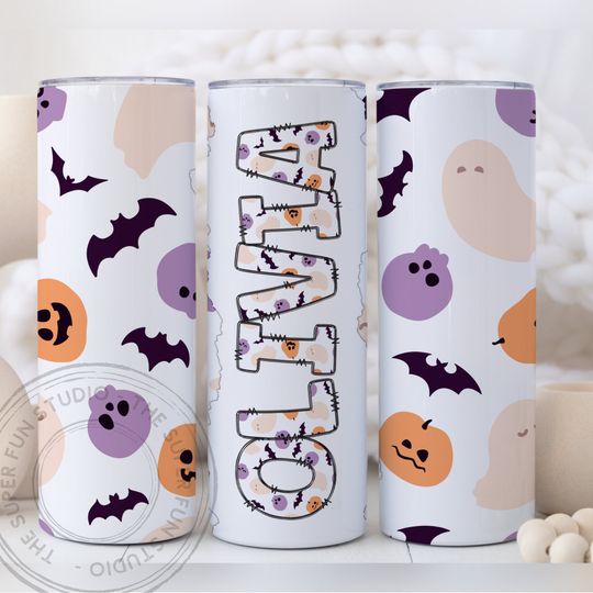 Discover Halloween Spooky Cute Tumbler Wrap Design & Matching Name Doodle Alphabet | 20Oz Straight Skinny Sublimation Design | Seamless