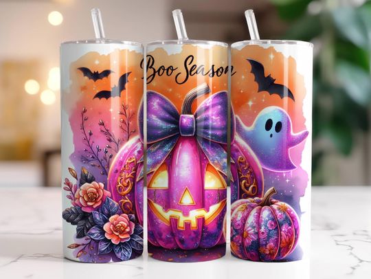 Discover Boo Season Pink Halloween Tumbler Wrap 20 oz Skinny Tumbler Sublimation Design Instant  , Neon Pumpkin Ghost Tumbler