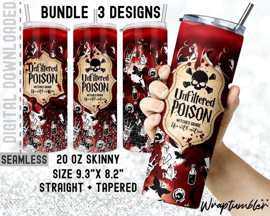Bundle Witches Blood Poison Tumbler 20oz Skinny Tumbler Unfiltered Poison Sublimation Designs  Halloween Poison Elements Blood Drips