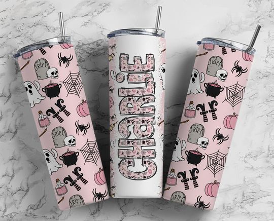 Discover Halloween Doodle Letters with Matching Tumbler, Girls Pink Spooky Doodle Alphabet  , 20 oz Tumbler, Retro Sublimation, Waterslide Designs
