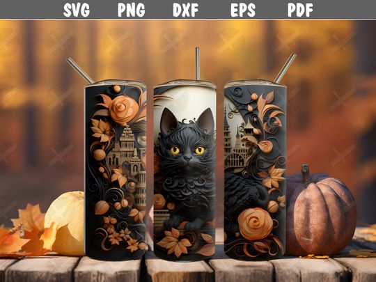Discover 3D Tumbler Wraps - 3D Halloween Black Cat Tumbler Wrap Design - Tumbler Sublimation Designs Straight & Tapered