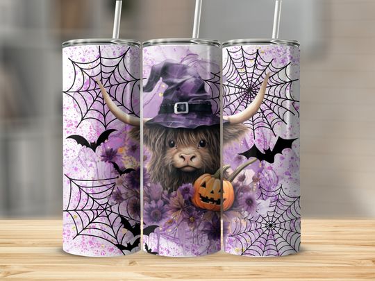 Discover Baby Highland Cow Witch Halloween Tumbler Wrap | Skinny 20 oz Tumbler Sublimation Design | Halloween Bats, Pumpkin, Spider Web, Witch Design