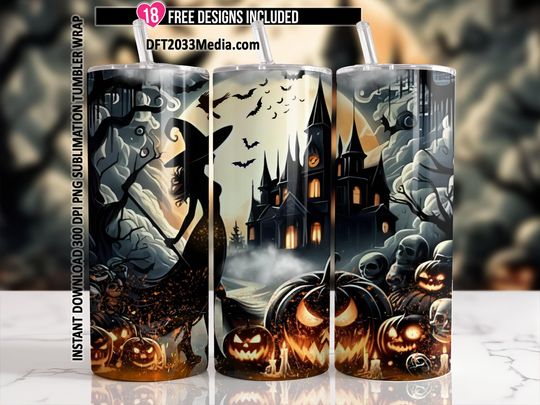 Discover Halloween Haunted House Witch Tumbler Wrap 20oz Skinny Tumbler Sublimation Design, Spooky Season Bats Straight Wrap