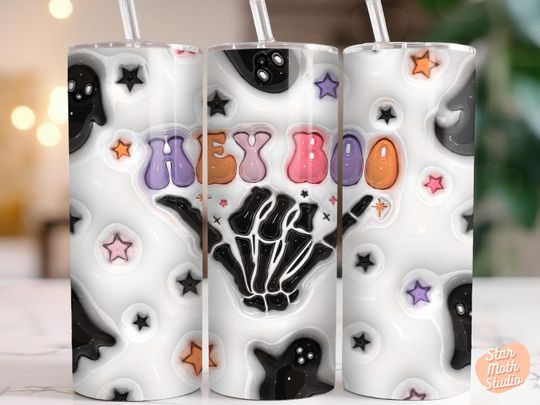 Discover Inflated Hey Boo Spooky Tumbler Wrap  3D Tumbler Design Sublimation Cute Halloween Skeleton Ghosts 20oz Skinny Wrap