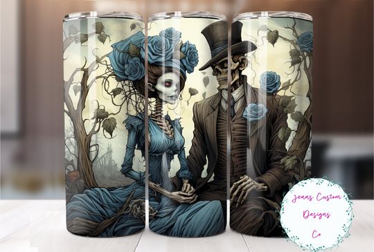 Discover Skeleton Bride and Groom 20 oz Skinny Tumbler Sublimation Design  , Straight Halloween tumbler wrap.