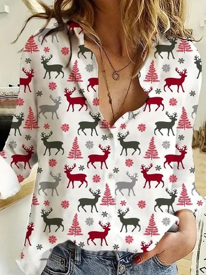 Discover Christmas Reindeer Blouse Shirt, Reindeer Blouse Shirt, Christmas Tree Shirt, Christmas Blouse Shirt, Pine Tree Shirt, Casual Shirt