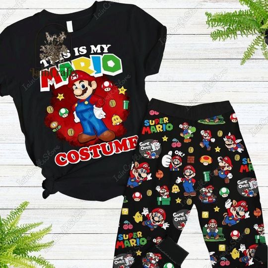 Super Mario T-Shirt, Super Mario Pajamas Set, Mario Game Holiday Pajamas, Night Wear Pajamas, Mario Pajamas Pants, Mario Costume Shirt