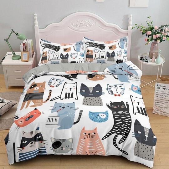 Discover Cat Pattern Bedding Set, Home Decor, Child Gift for Soft Comfortable Bedding Bedroom