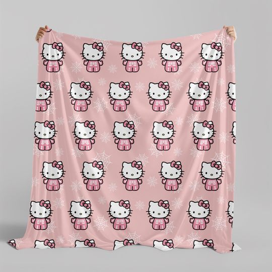 Pink Halloween Sanrio Kitty Blanket Fleece| Hello Kitty Skeleton Spider | Teen Girl | Fall Decor | College Dorm Room | Spooky Basket Gifts