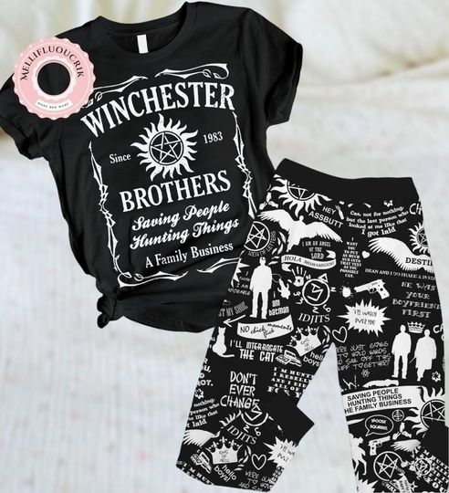 Halloween Winchester Brothers Pajamas Set, Vintage Supernatural Movie Tshirt, Matching Pajamas Set, Dean Winchester Pajamas Family