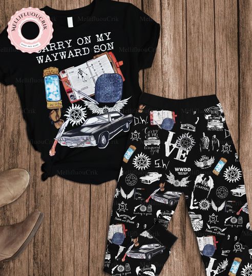 Halloween Carry On Wayward Son Pajamas Set, Retro Supernatural Tshirt, Sam And Dean Womens Pajamas, Trick Or Treat Tee, Gift For Fan