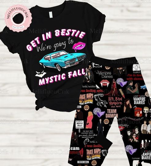 Halloween Vampire Diaries Pajamas Set, Damon Brothers Lovers Shirt, Vampire Diaries Set Of Pajamas, Vintage Movie Tshirt, Gift For Fan