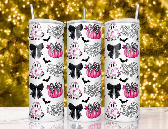 Pink Ghost, Pumpkin, Spiderweb & Bow, Seamless Halloween Tumbler Wrap Design, 20oz Skinny Sublimation