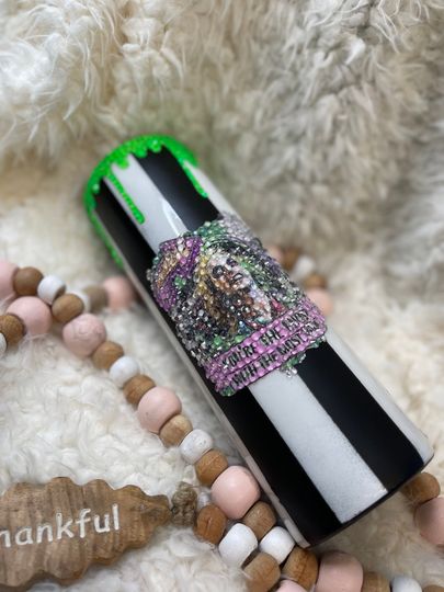 Pin Stripped/Black and White Betelgeuse Scary Tumbler/ Rhinestone Tumbler/ Partial Rhinestone Tumbler/Halloween Cup/Spooky Halloween Tumbler