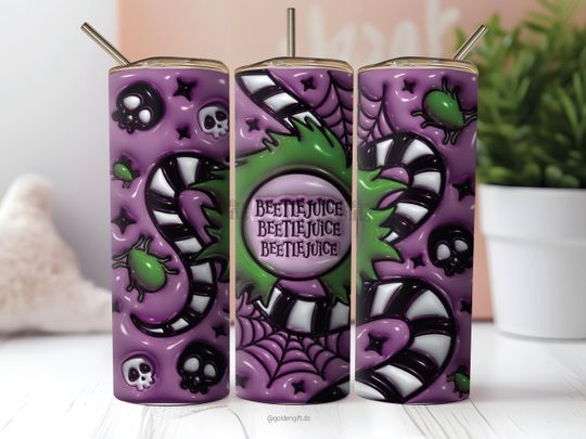 3D Inflated Beetlejuice Tumbler Wrap, 20oz Skinny Tumbler Wrap, Horror Movie Tumbler, 3D Puffy Halloween Tumbler Wrap. Sublimation Desing