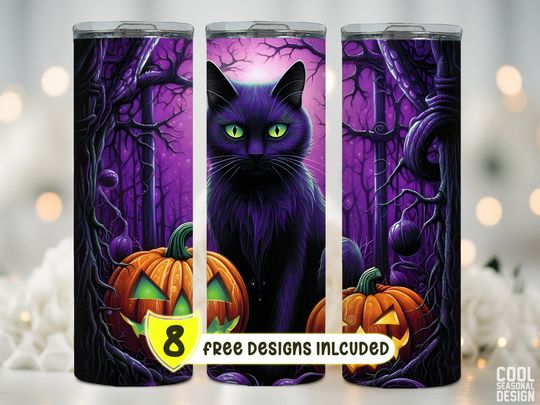 Discover Halloween Cat Tumbler Wrap, Black Cats, Halloween, Pumpkins, 20 Oz Skinny Sublimation Tumbler Wrap