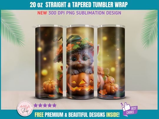 Discover 3D Fall Halloween Cat with pumpkins Skinny Tumbler Wrap 20 oz Sublimation Design