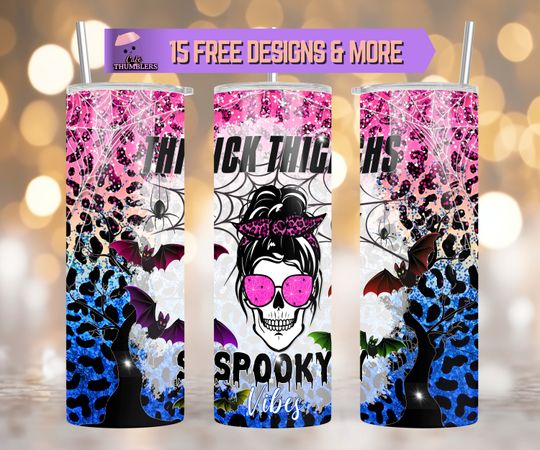 Discover Thick Thighs Spooky Vibes 20 oz Skinny Tumbler, Messy Bun Skull Sublimation Design,Leopard print Wrap