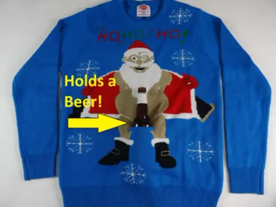 Men's Ugly Christmas Sweater Holds a Beer Holder Santa Flashing Holiday New