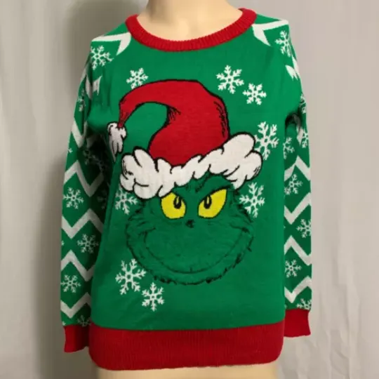 Ugly Christmas Sweater Seuss Geisel The funny character Fuzzy Face Chevron JUNIORS Womens L