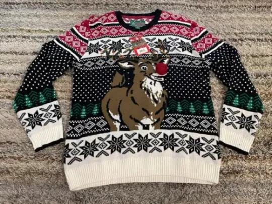 Ugly Christmas Sweater Knit Reindeer Peppermint Poopermint Green Mens XL $80