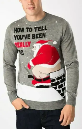 Men's Bad Santa Chimney Grey Xmas Knitted Christmas Jumper Ugly Rude Sweater Top
