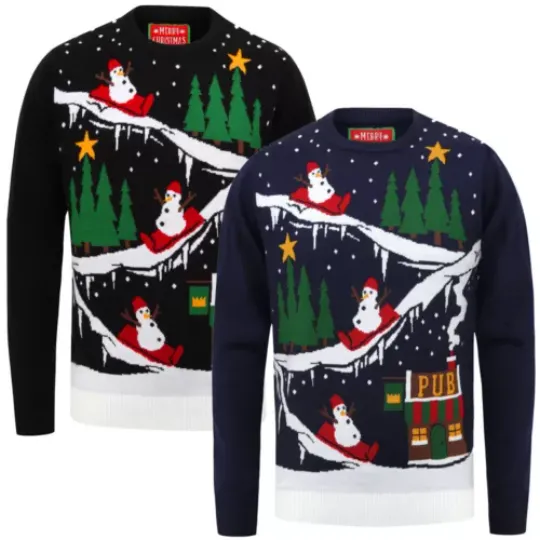 Men's Christmas Jumper Funny Snow Men 'To The Pub' Slogan Knitted Xmas Sweater