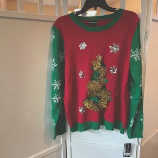 Allison Brittney Women Ugly Christmas Sweater Red Jungle Bells Tinsel Sequin