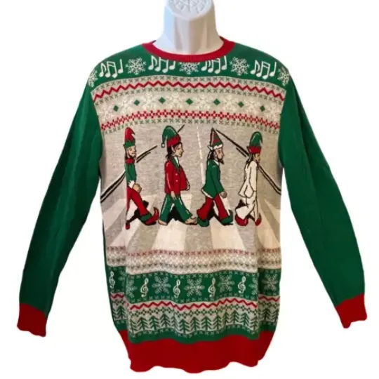 Ugly Christmas Sweater Beatles Elves on Abbey Road Crewneck Size Medium NWOT