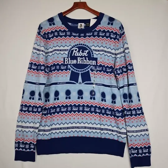 Pabst Blue Ribbon Ugly Christmas Sweater Beer Milwaukee Blue Red PBR Men's Sz XL