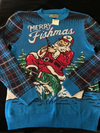 UGLY CHRISTMAS SWEATER MEN'S/YOUNG MENS XL MERRY FISHMAS NWT