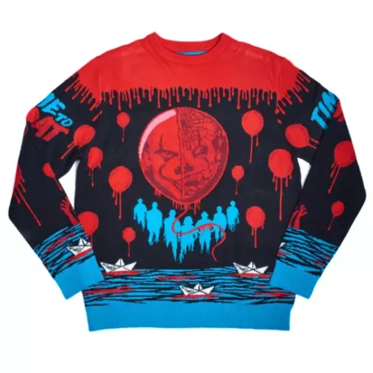 OFFICIAL PENNYWISE THE DANCING CLOWN IT UGLY JUMPER SWEATER HORROR MOVIE BALLOON