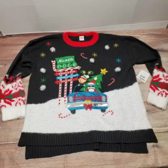 NEW Womens Size XL Ugly Christmas Sweater Embroidered Santa North Pole Holiday