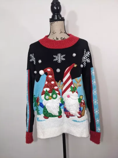 NWT Celebrate Together Women's Multicolor Ugly Christmas Sweater Black Gnomes XL