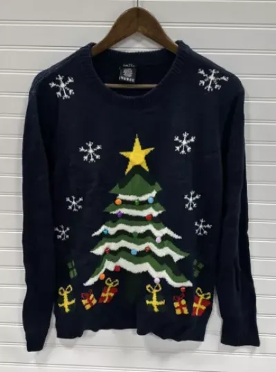 Discover Rue 21 Blue Ugly Christmas Sweater Tree Bells and Pom Poms Size XL NWT