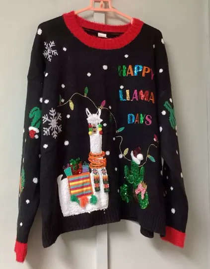 New Holiday Time Size XL 16-18  Ugly Christmas Sweater Happy Llama Days Black
