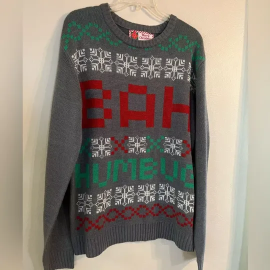 Discover Ugly Christmas Bah humbug sweater men’s XL gray red green soft 100 % acrylic NWT