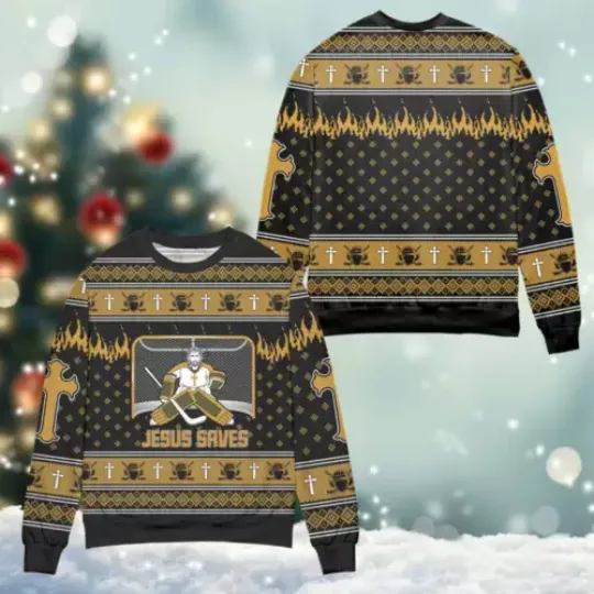 Jesus Saves Hockey Man Christmas Ugly Sweater, Hockey Player Pullover