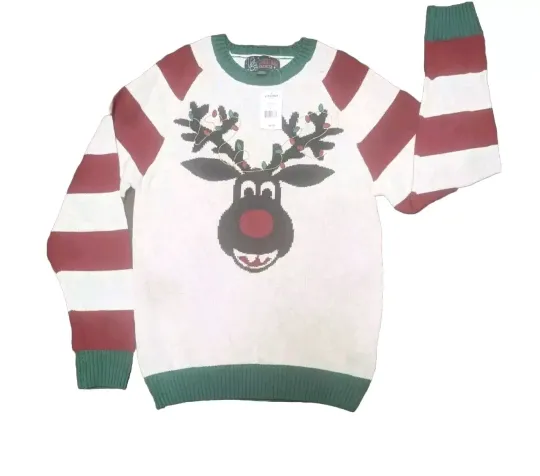 Ugly Christmas Sweater Rudolph Red Nose Reindeer 3D PomPom Embroidery